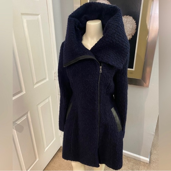 Cole Haan Signature Wool Blend Boucle Oversized Collar Blue Navy Pea Coat - Picture 2 of 7